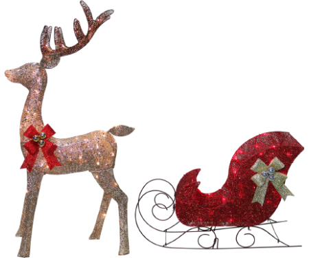 Glittering Buck and Sleigh - 105 LED Lights, Set of 2