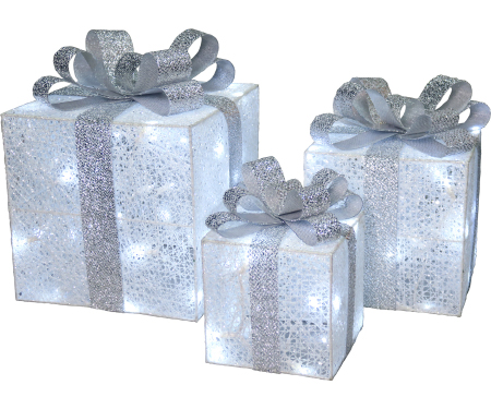 Lighted White Glitter Gift Boxes - Set of 3