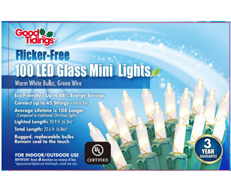 Flicker-Free Glass Mini LED Lights - 100 Warm White Lights, Green Wire