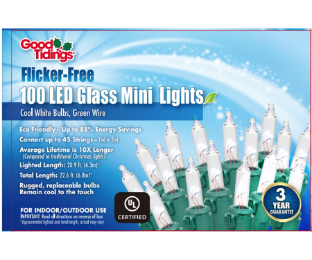 Flicker-Free Glass Mini LED Lights - 100 Cool White Lights, Green Wire
