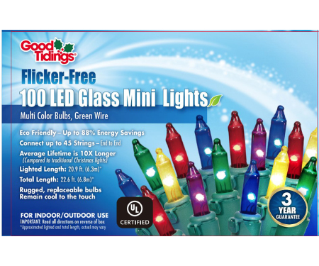 Flicker-Free Glass Mini LED Lights - 100 Multicolor Lights, Green Wire
