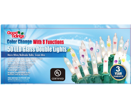 Color-Changing Glass LED Double Lights - 50 Lights, Warm White and Multicolor